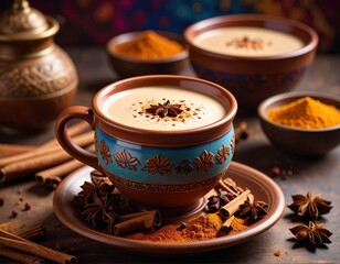 Aromatic spiced tea served in a beautiful, patterned, terracotta cup, highlighting warm spices and rich colors.