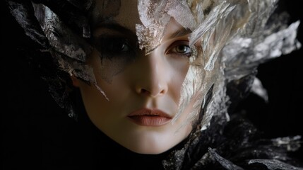 Close-up portrait of a woman's face. the woman is facing the camera and her expression is serious. she is wearing a black dress with a high neckline and her hair is styled in loose waves.