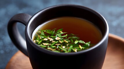 A warm and soothing cup of herbal tea, filled with the natural aroma and calming presence of fresh green leaves