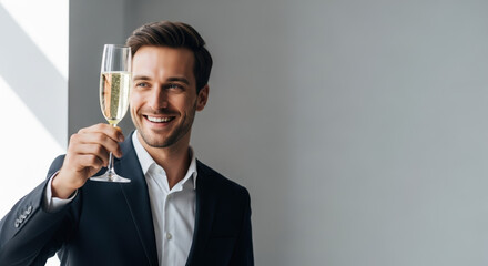 Toast with champagne as celebration toast for a special event. Toast with champagne glass is held by smiling businessman in elegant suit, symbolizing success.