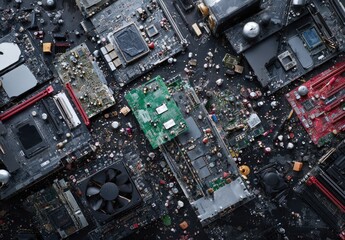 Overhead view of electronic circuit boards, components, and technology.