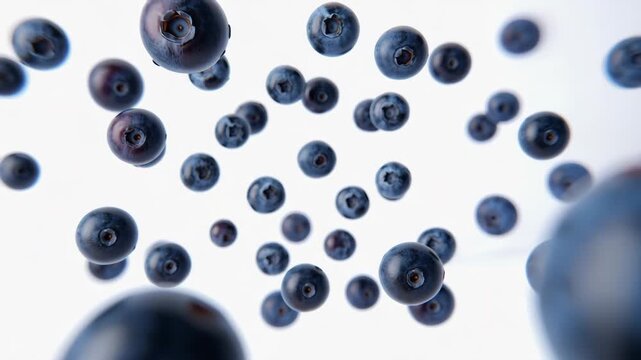 Frische Blaubeeren fallen in Zeitlupe &ndash; Saftige Beeren auf hellen Hintergrund