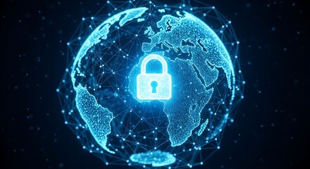 Digital padlock icon on a glowing blue abstract globe network, representing global cybersecurity and data protection