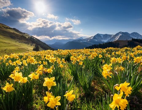 bright yellow daffodils bloom in a field with mountains in the background concept of spring awakening saint david s day