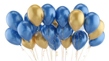 Cluster of blue and gold balloons isolated on transparent background