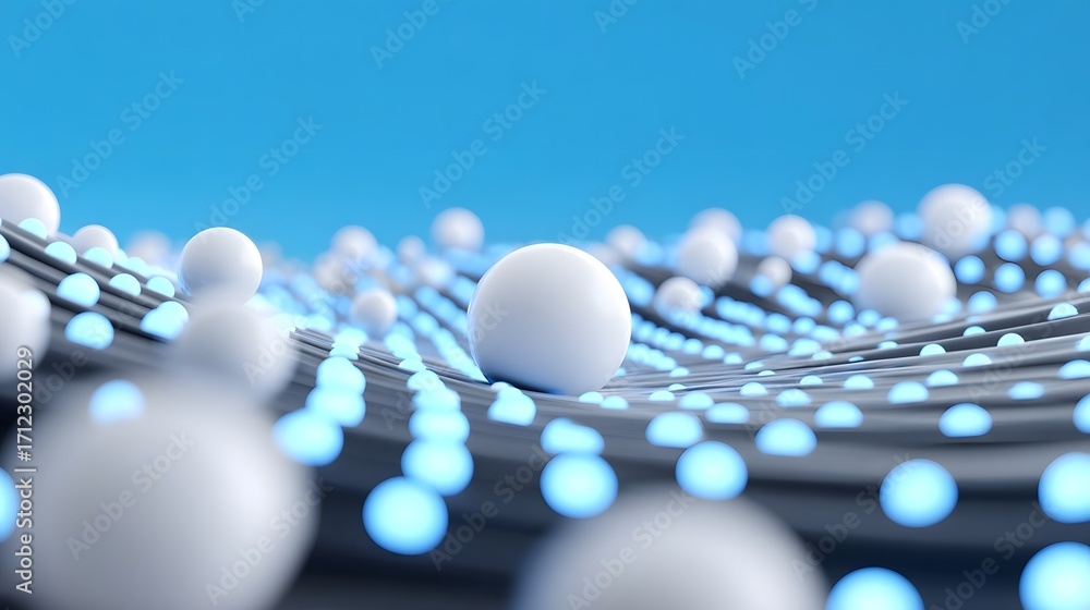 Poster an abstract digital technology pattern featuring a minimalist arrangement of white spheres and geome