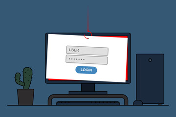Computer login screen with a red fishing hook dangling over it. Represents a phishing attack, a cybercrime where attackers try to steal sensitive user credentials.
