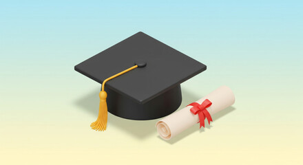 Isometric 3D Illustration of Graduation Cap with Diploma Scroll