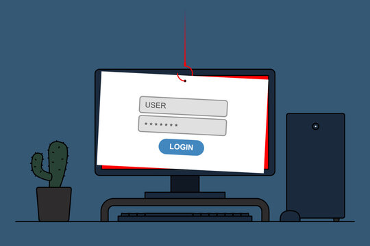 Computer login screen with red fishing hook dangling over it represents phishing attack, cybercrime where attacker try to steal sensitive user credential