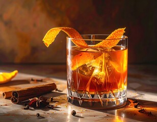 A rich, amber-hued Old Fashioned cocktail, garnished with vibrant orange zest, sits elegantly in a crystal glass, illuminated by warm sunlight.