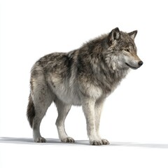 Realistic gray wolf standing on white background with soft shadows