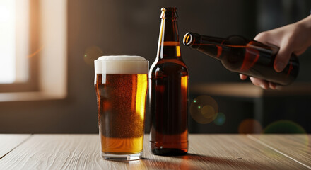 Pouring beer from a bottle into glass with a frothy head sitting on wooden table. Enjoy a refreshing pouring beer from bottle. Glass shows amber hues, and hand holding bottle suggests careful pouring.