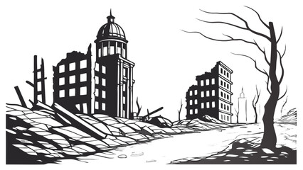 Obraz premium Destroyed City Silhouette – Vector Illustration of a Ruined Urban Landscape, Isolated on Transparent Background