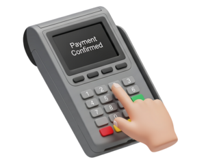 Close-up of a hand pressing a number on a payment terminal, displaying "Payment Confirmed".