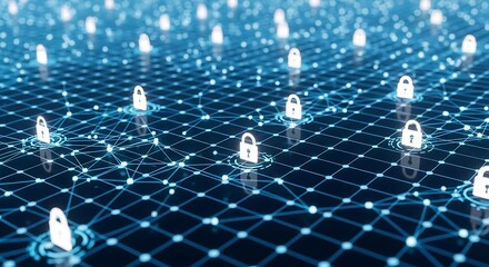 Abstract digital network grid with glowing blue lines connecting numerous padlock icons, representing secure data connections and network security