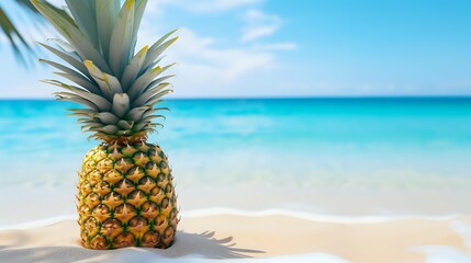 Fresh ripe pineapple on sandy tropical beach with turquoise ocean water and blue sky background, summer vacation concept and exotic fruit.
