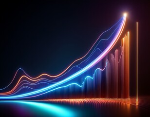 abstract curved line progress chart with glowing neon light trail on dark background