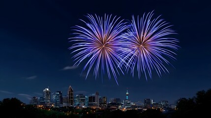 Stunning fireworks light up the night sky above the towering skyscrapers and architectural wonders of a bustling metropolitan city, creating a breathtaking and captivating celeb n