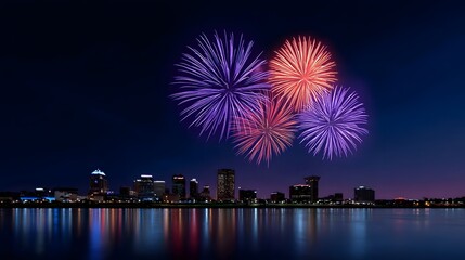 Dazzling fireworks burst in a kaleidoscope of colors against the backdrop of a metropolitan skyline, reflecting in the tranquil waters below.