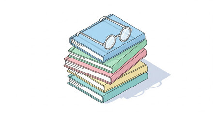 Isometric 3D Illustration of Stack of Books with Glasses on Top