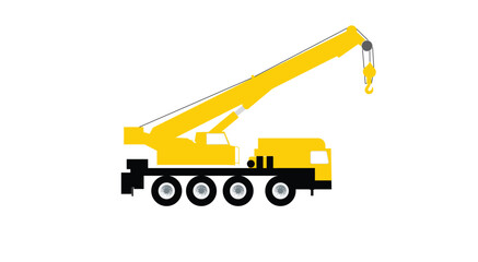 Heavy duty mobile crane truck with extended lifting arm and hook vector illustration