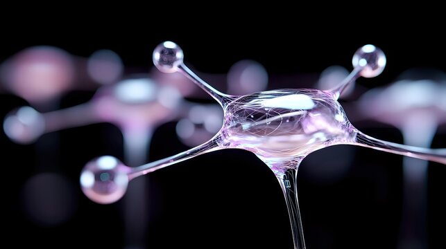 Futuristic molecular structure in pink and silver tones against dark background shows scientific concept of nanotechnology and chemical bonds with spherical elements.