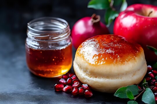 Sweet glazed donut with honey jar and fresh pomegranate seeds on dark background. Fresh red apples and green leaves create appetizing composition for food photography.