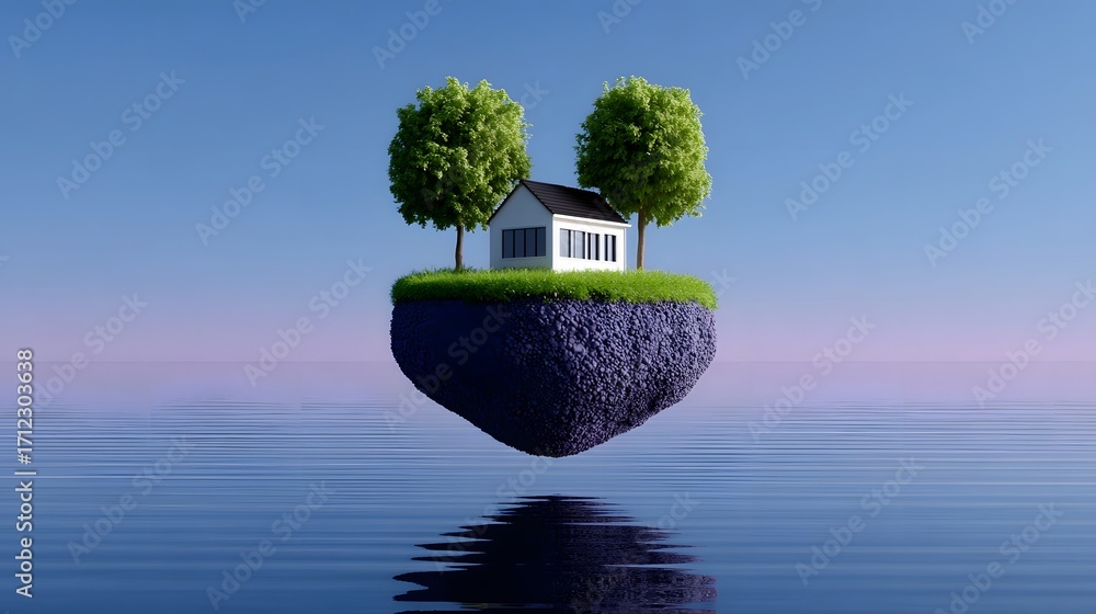 Poster a surreal and tranquil scene of a floating island with a small house and two lush trees, suspended a