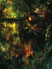 Abstract wallpaper, the color palette features bright yellows, greens, and reds set against a dark background