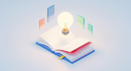 Isometric 3D Illustration of Open Book with Lightbulb Above