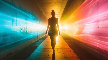 The background features a vivid, psychedelic color gradient with bright yellows, pinks, and blues, creating a striking contrast with the dark silhouette of the figure.