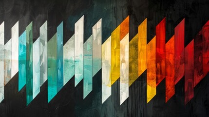 The colors are bright and varied, including shades of turquoise, red, orange, yellow, and white, all set against a stark black background.