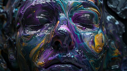 The face has a smooth, reflective surface that shimmers with an iridescent, rainbow-like gradient of colors, including purples, blues, yellows, and greens