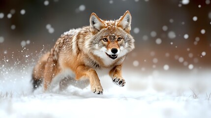 Fototapeta premium Wild coyote running through fresh snow during winter storm, displaying natural hunting behavior with focused expression and alert posture in snowy landscape.