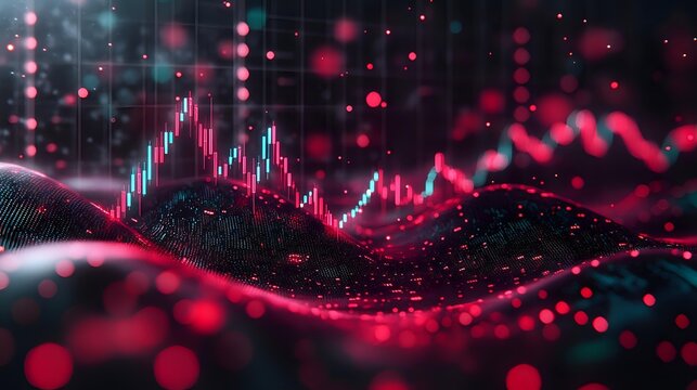 Glowing red financial chart visualization with bokeh light effects and wave pattern on dark background, showing market data analysis and trends.
