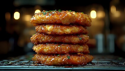 Stack of glazed donuts with colorful sprinkles on cooling rack against dark background with bokeh lights, close-up view showing texture and shine of fresh pastry.