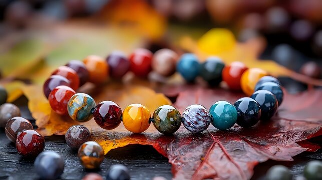 Colorful natural stone beaded bracelet with agate, jasper and turquoise on autumn maple leaves background. Handmade jewelry photography for wellness and spirituality.