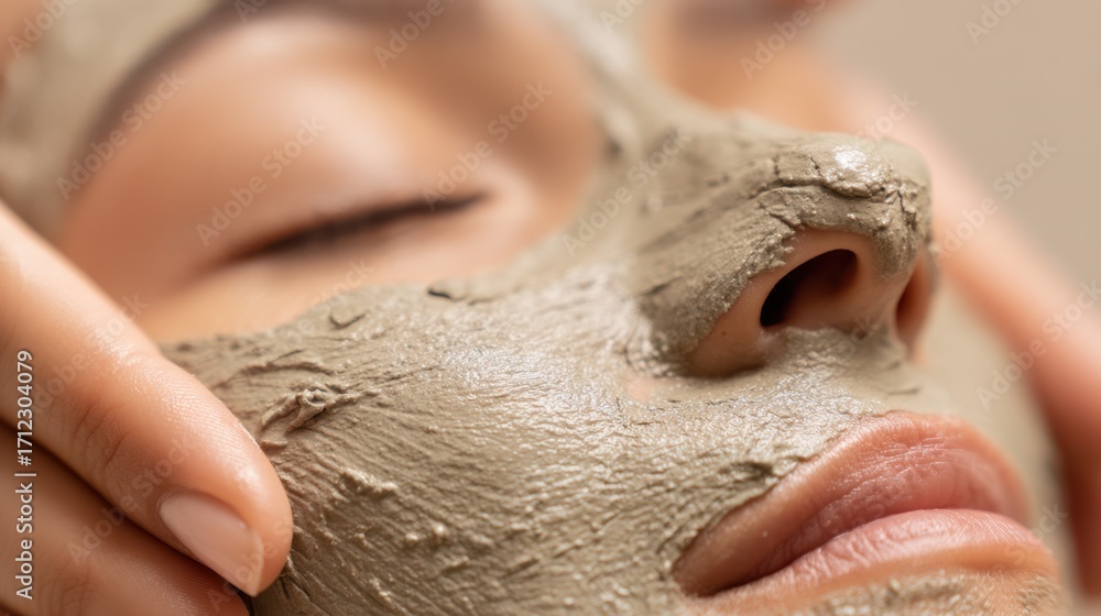 Poster closeup of hands applying a warm clay mask to the face with main facial area in sharp focus and the 