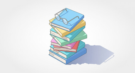 Isometric 3D Illustration of Stack of Books with Glasses on Top