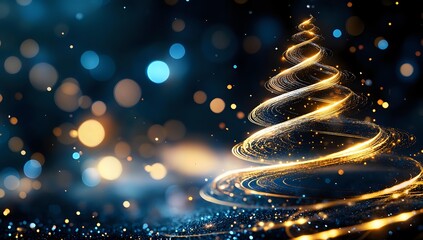 Glowing spiral Christmas tree shape created with golden light trails against dark blue bokeh background, festive holiday season celebration design.