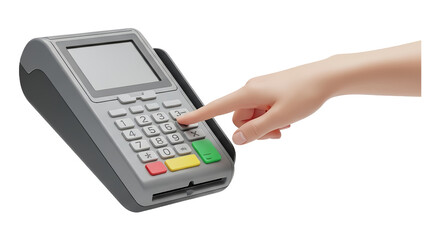 A hand is pressing the keypad of a credit card machine, indicating a transaction is being made.