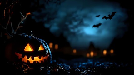 Glowing carved pumpkin with spooky face illuminated at night, flying bats against dark blue moonlit sky creating atmospheric halloween scene.