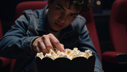 Young man enjoys popcorn in movie theater, creating cozy and engaging atmosphere. dim lighting enhances cinematic experience