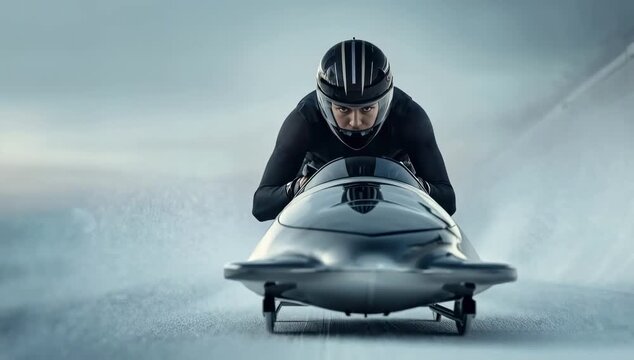 Determined skeleton racer adjusts sled on icy track under pale winter horizon