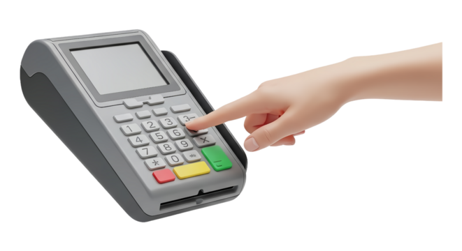 A hand is pressing the keypad of a credit card machine, indicating a transaction is being made.