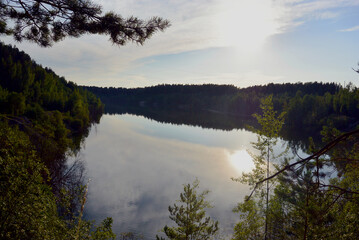 Fototapeta premium Lake among the forest panorama