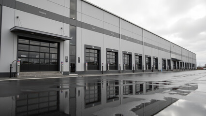 Modern industrial warehouse exterior with large windows and reflective pavement, showcasing sleek design and ample loading docks