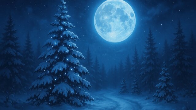 Enchanting snowy forest under moonlight.