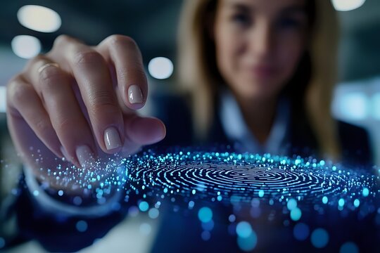 Caucasian businesswoman touching digital fingerprint interface with glowing blue particles, demonstrating modern biometric security technology. - Powered by Adobe