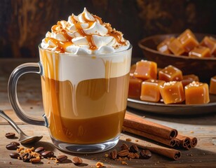 A glass mug filled with a rich, caramel latte, topped with whipped cream and caramel drizzle, sits on a rustic wooden surface.
